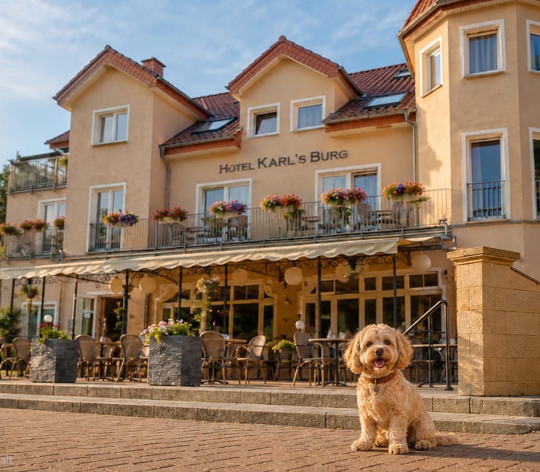 Hund vor dem Hotel Karl's Burg in Kölpinsee