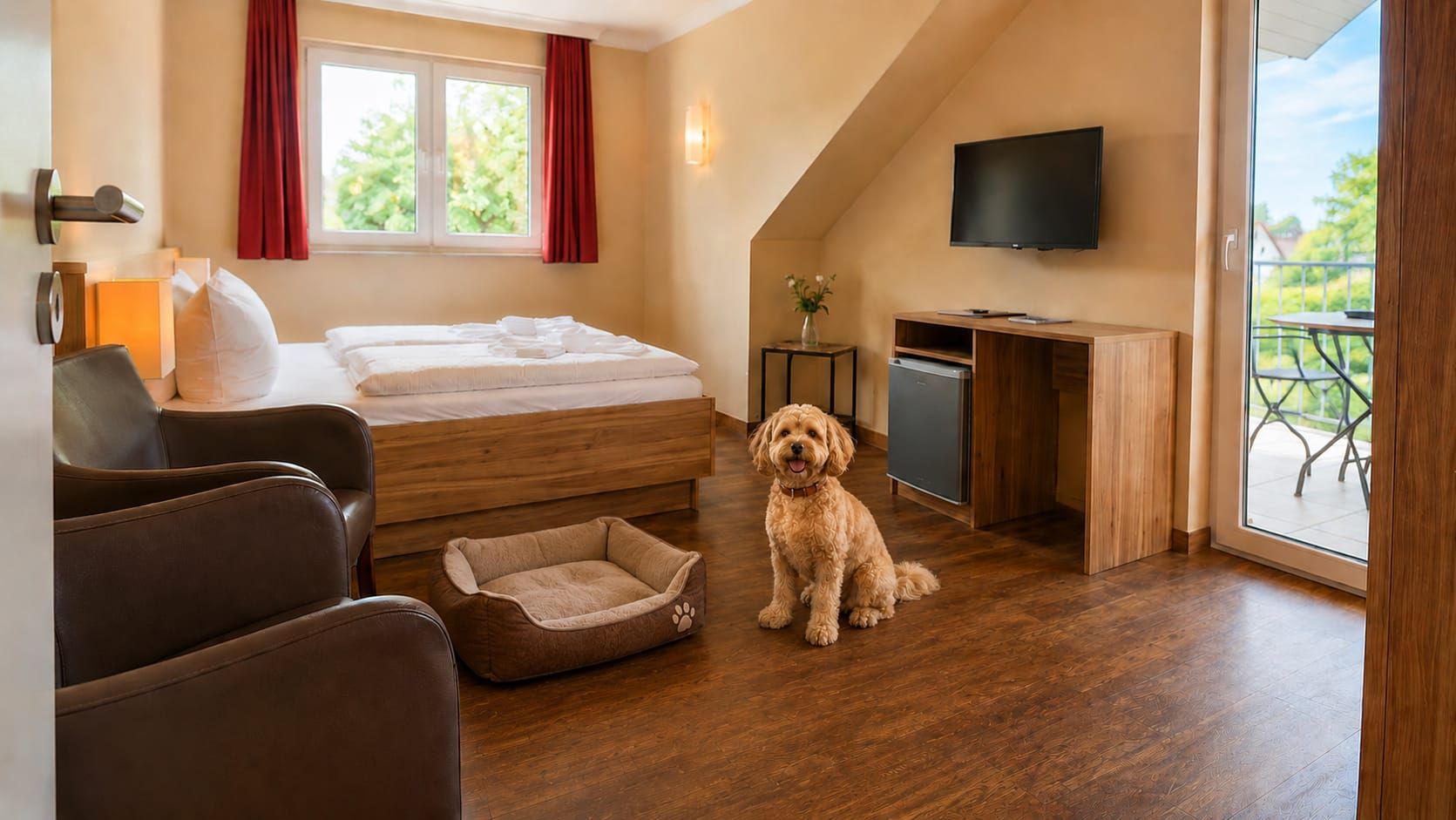 Hund im Hotelzimmer mit Hundebett