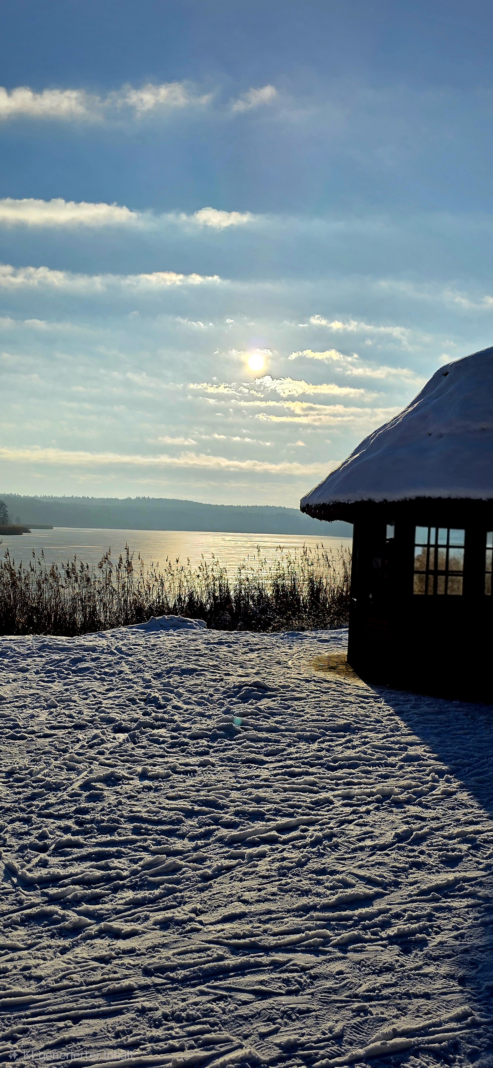 Wintersonne über dem Kölpinsee mit Eis am Ufer